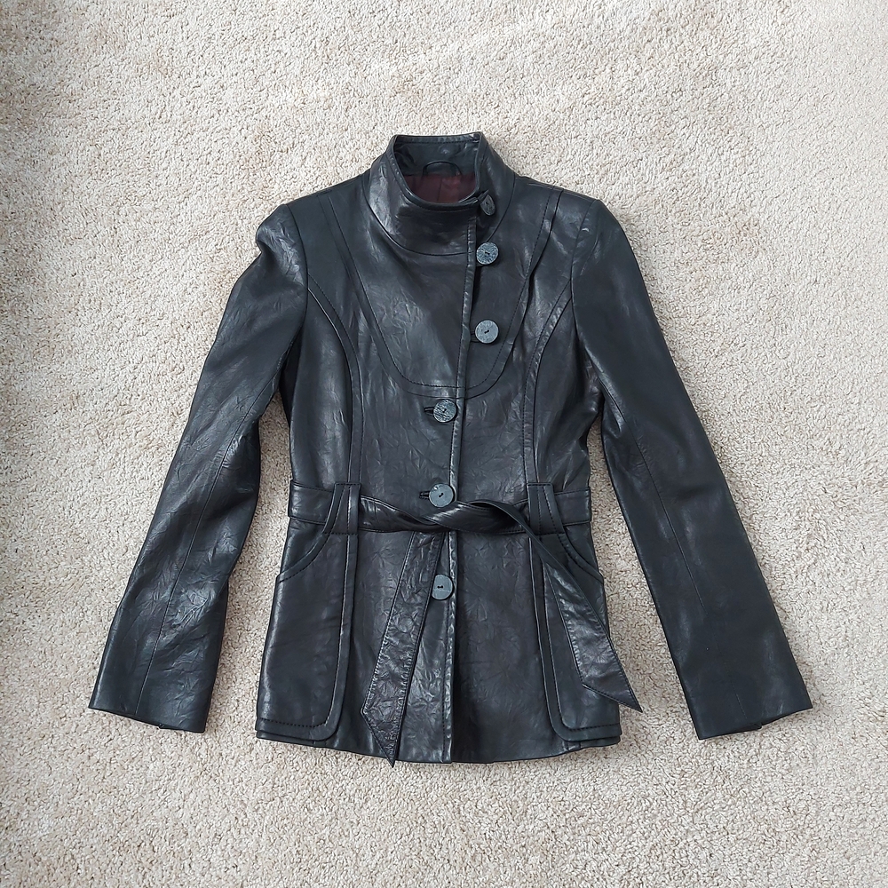 Danier Black Leather Jacket Womens XXS Belted Button-Front Satin Lined Coat